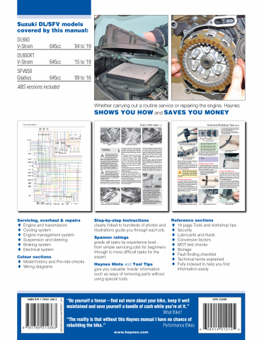 Haynes Workshop Manual Suzuki DL650 V-Strom SFV650 Gladius 2004-2018 Service 