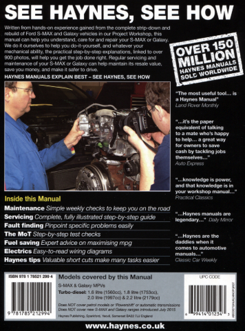 Ford S-Max & Galaxy 1.6 1.8 2.0 2.2 Diesel 2006-2015 Haynes Workshop Manual Book 
