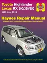 Toyota HighLander (2001-2019) & Lexus RX 300/330/350 (1999-2019) Haynes Repair Manual (USA)