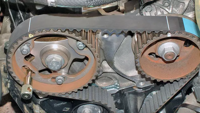 A timing belt on a car engine