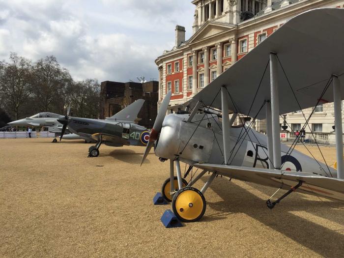Sopwith Snipe, Supermarine Spitfire and Eurofighter Typhoon mock-up on display at Horse Guards Parade, London April 2016