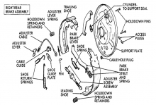 An exploded view of the right rear brake assembly - 9-inch drum brake