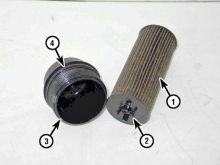Oil filter details 3.6 liter V6 engine - 1) Filter element, 2) Filter clips, 3) Filter cap, 4) O-ring