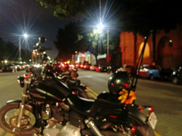 Bikes lined up along center of street